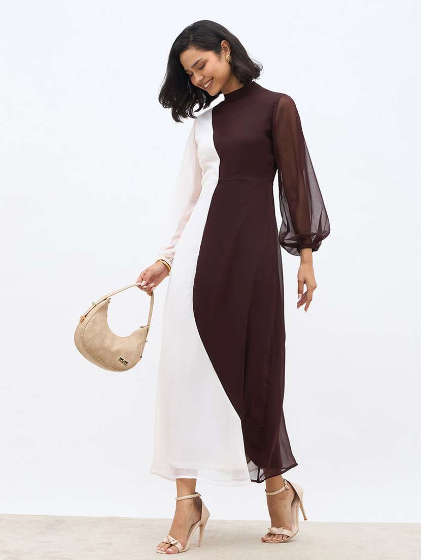 women color blocked puff sleeve  a-line dress