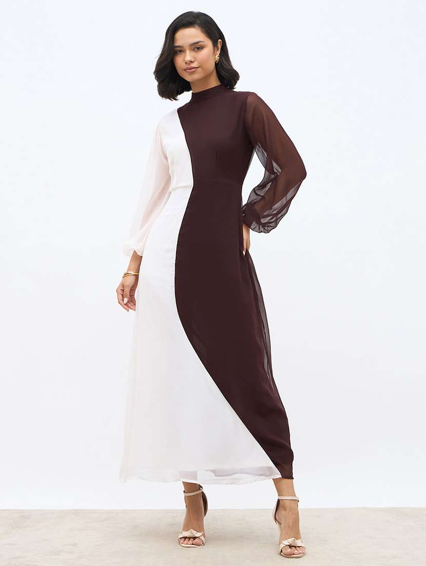 women color blocked puff sleeve  a-line dress - 22220034 -  Standard Image - 3