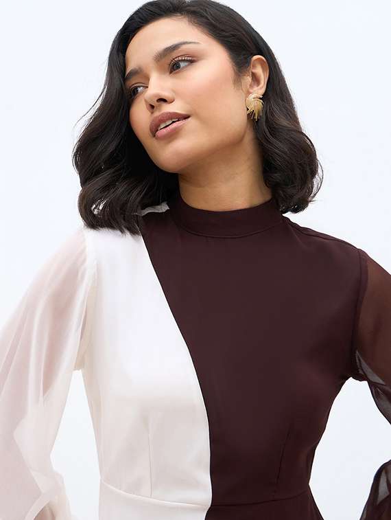 women color blocked puff sleeve  a-line dress - 22220034 -  Standard Image - 5