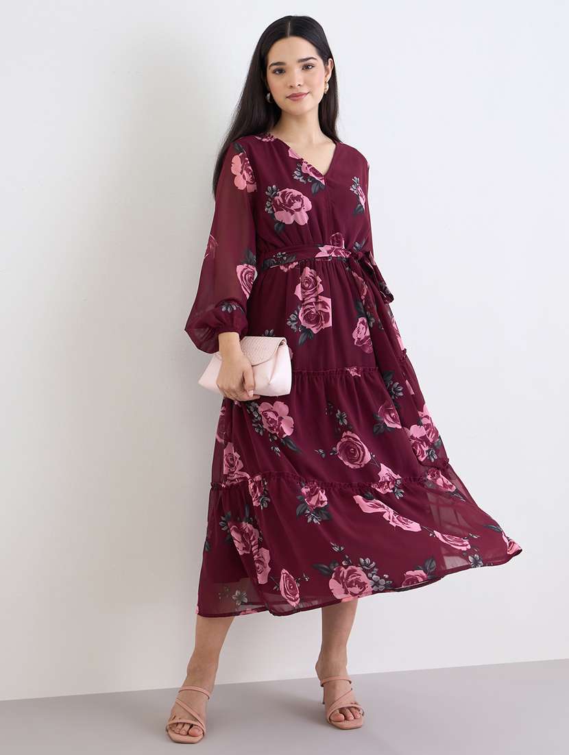 women floral print puff sleeve tiered dress