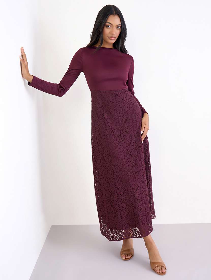 women solid long sleeve lace a-line dress