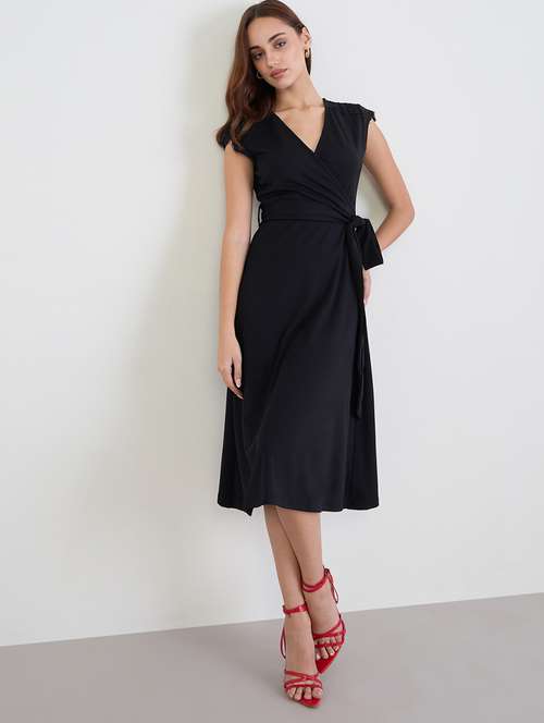 women black solid cap sleeve wrap dress - 22220045 -  Standard Image - 0