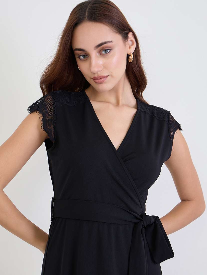 women black solid cap sleeve wrap dress - 22220045 -  Standard Image - 3