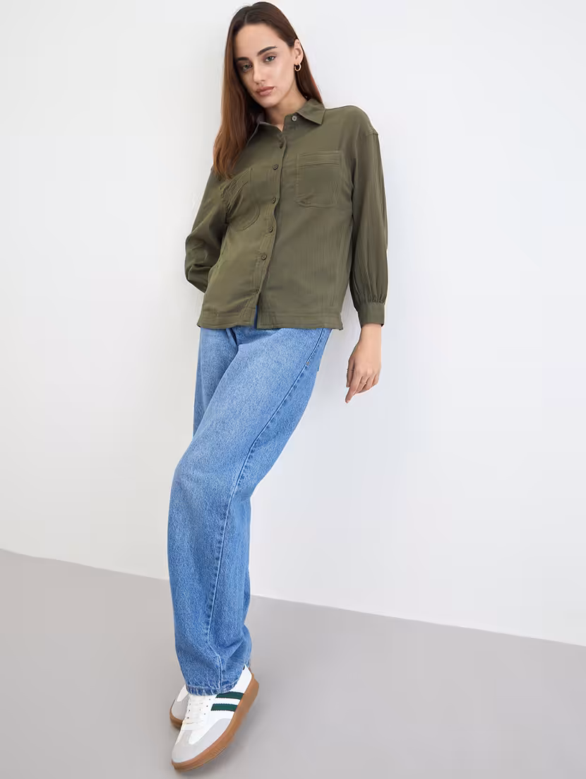 women solid collared long sleeve oversized shirt - 22220048 -  Standard Image - 3