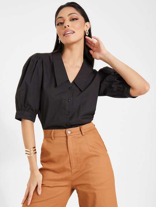 women black solid puff sleeve shirt - 22220049 -  Standard Image - 0