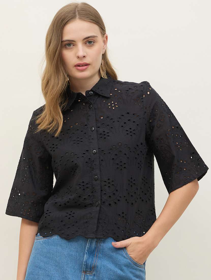 women self designed collared crop schiffli shirt - 22220050 -  Zoom Image - 0