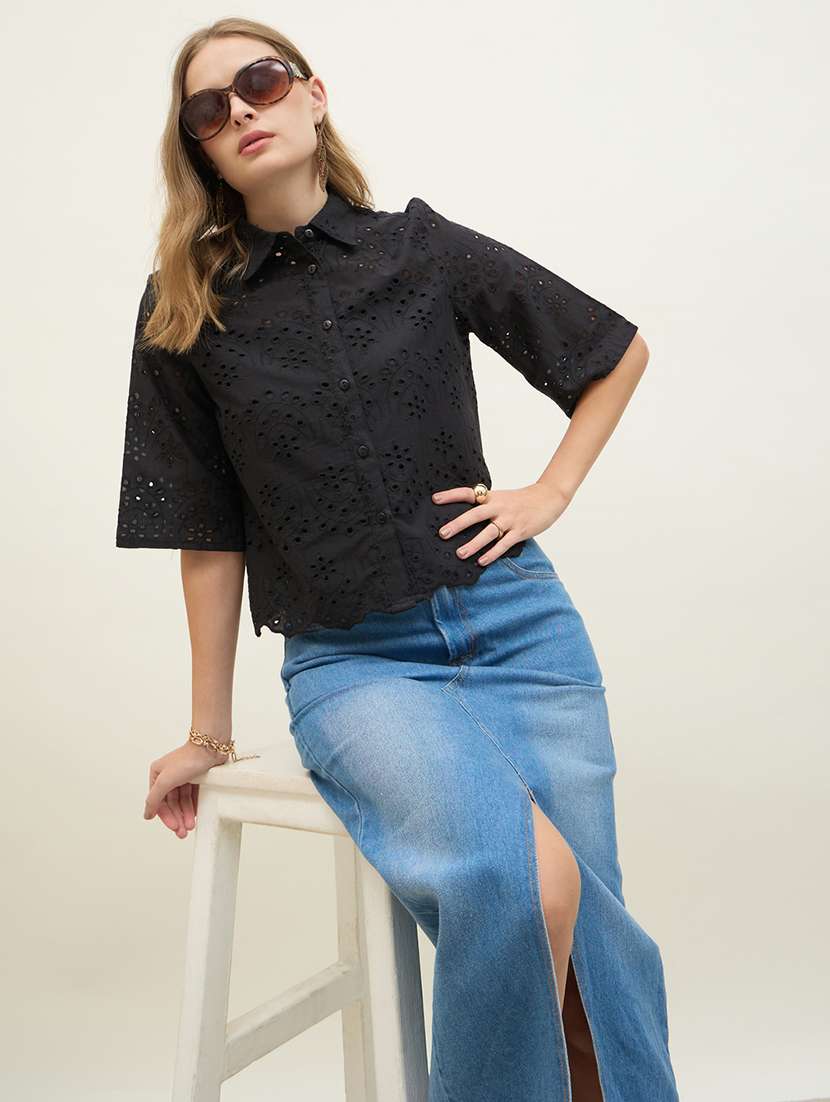 women self designed collared crop schiffli shirt - 22220050 -  Standard Image - 3