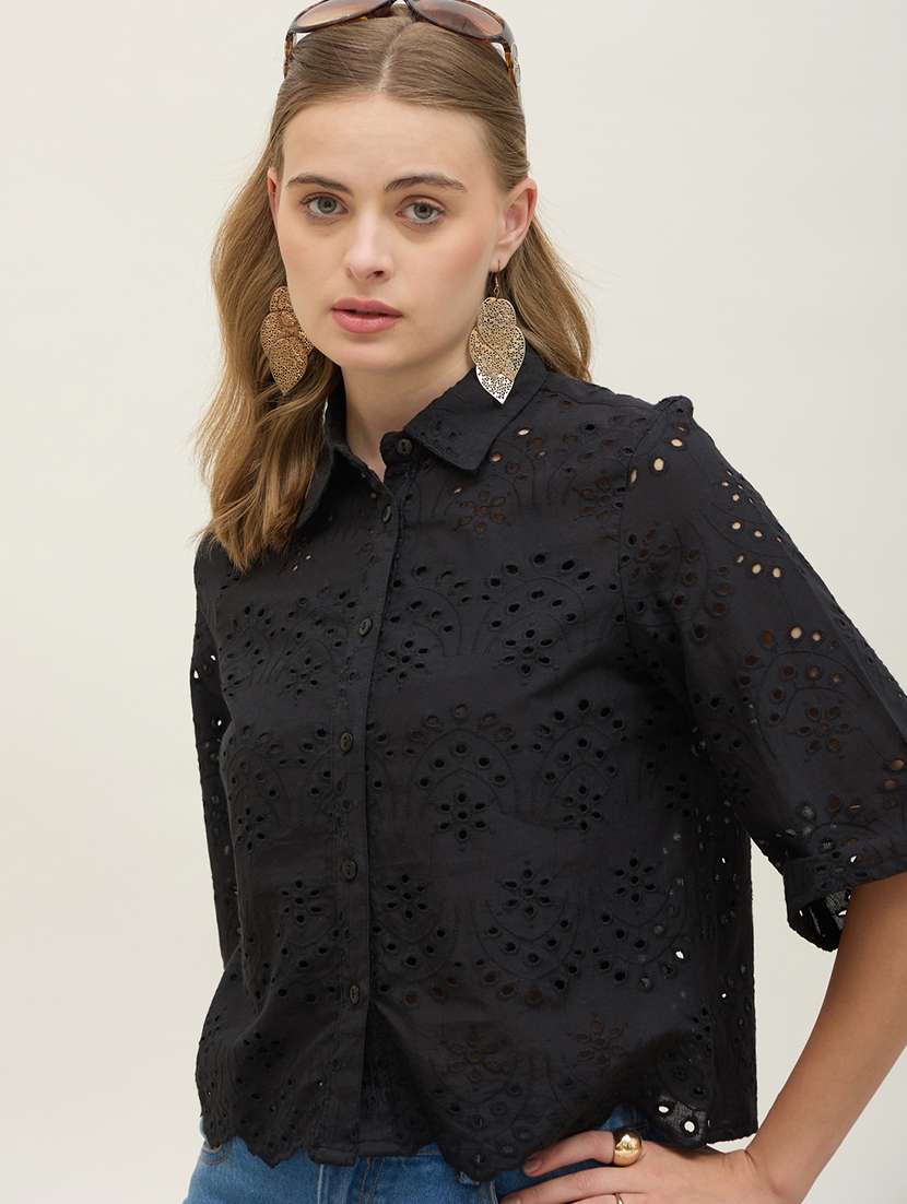 women self designed collared crop schiffli shirt - 22220050 -  Standard Image - 5