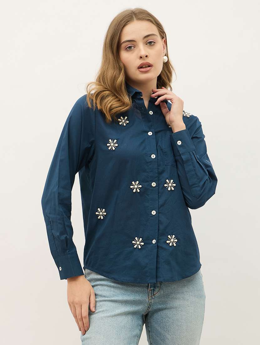 women embellished collared long sleeve shirt