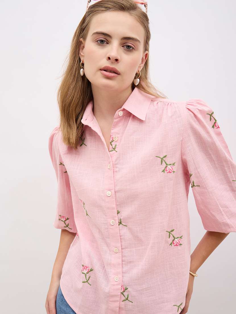 women embroidered collared puff sleeve shirt - 22220053 -  Standard Image - 5