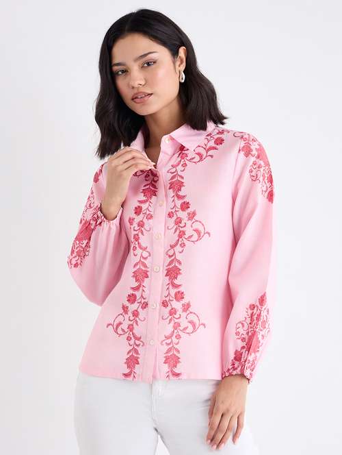women pink printed collared long sleeve shirt - 22220054 -  Standard Image - 0