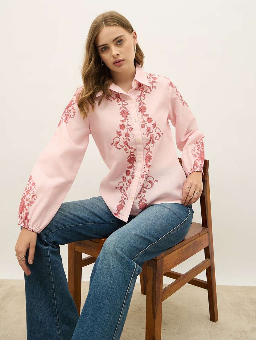 women pink printed collared long sleeve shirt - 22220054 -  Standard Image - 3