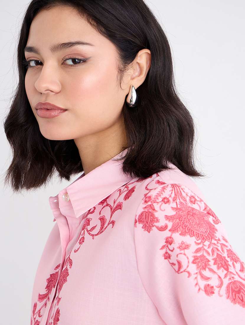 women pink printed collared long sleeve shirt - 22220054 -  Standard Image - 5