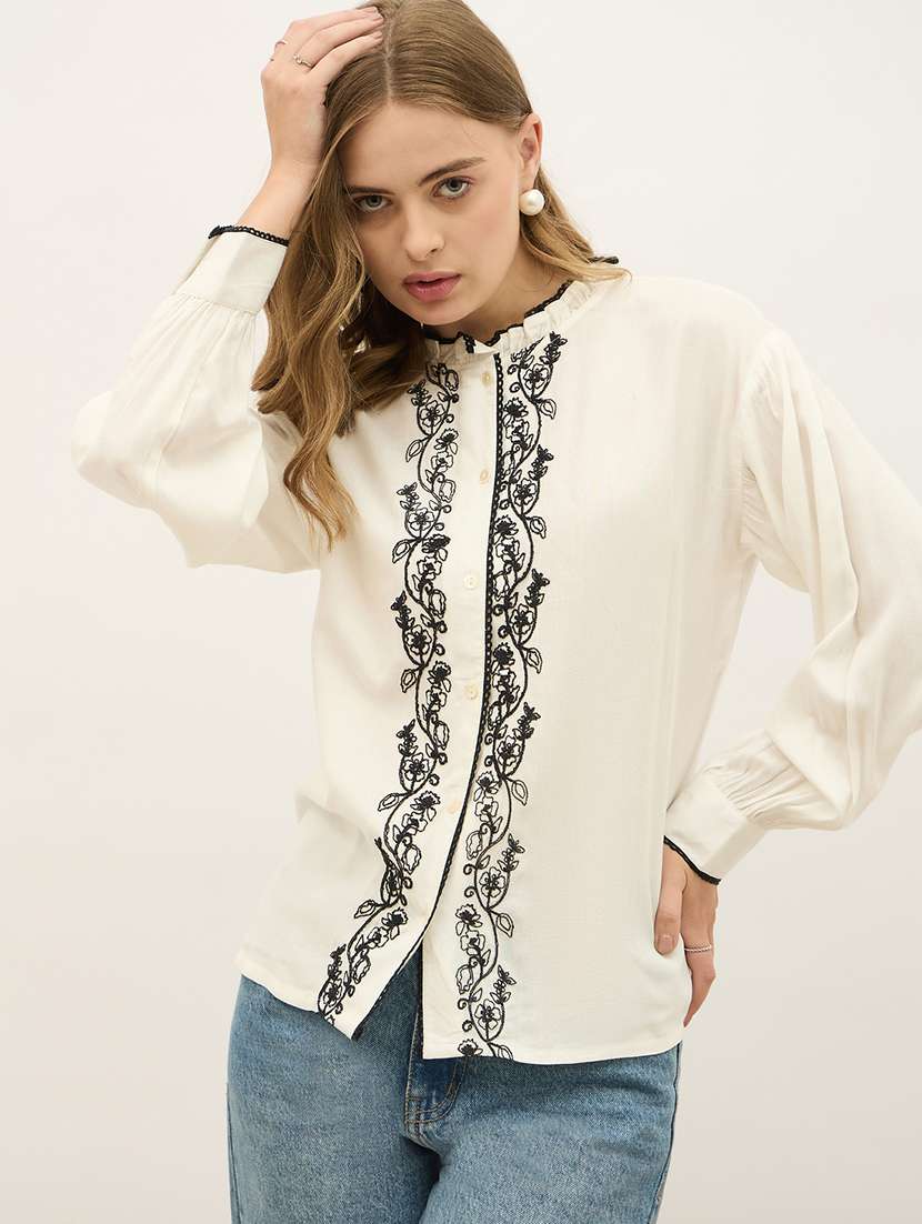 women embroidered mandarin neck puff sleeve shirt