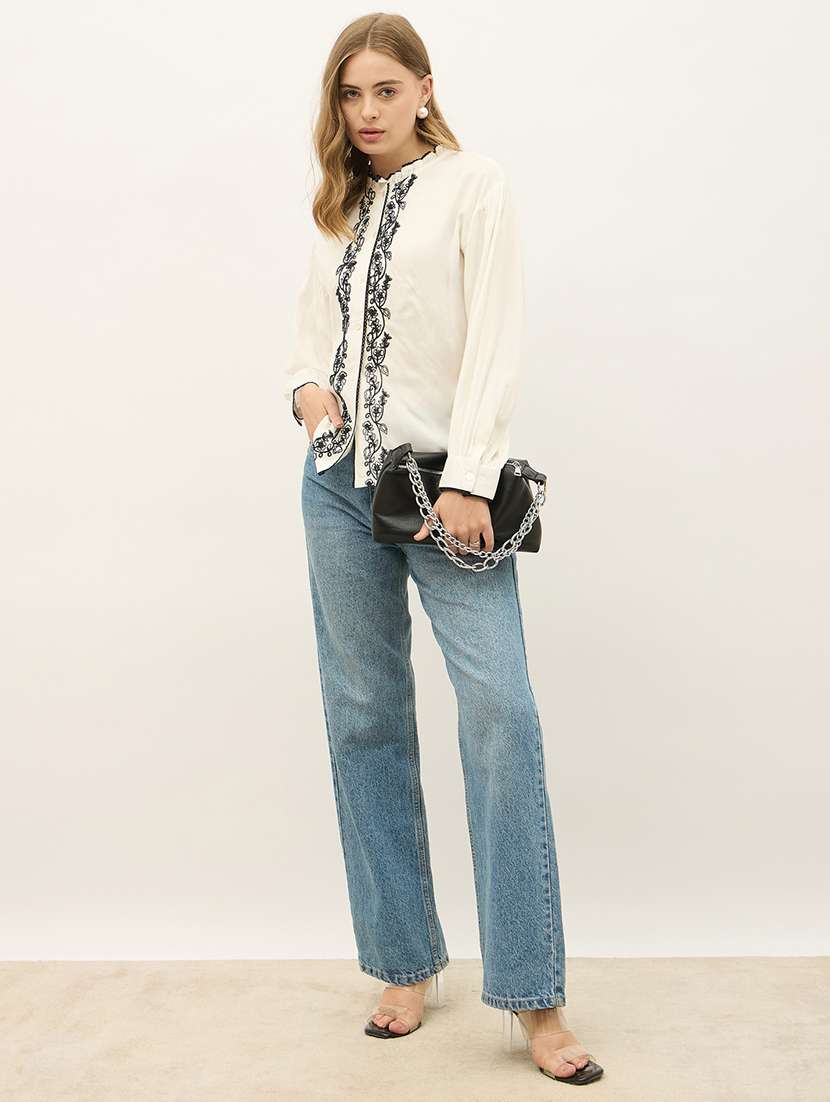 women embroidered mandarin neck puff sleeve shirt - 22220055 -  Standard Image - 5