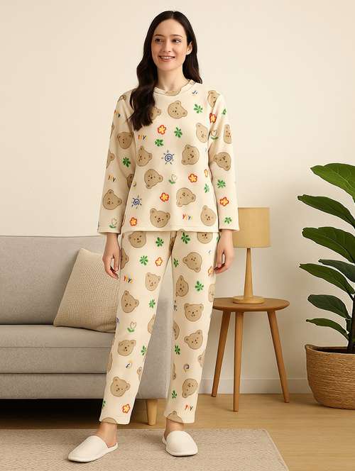 printed fleece round neck pyjama set beige - 22220078 -  Standard Image - 0