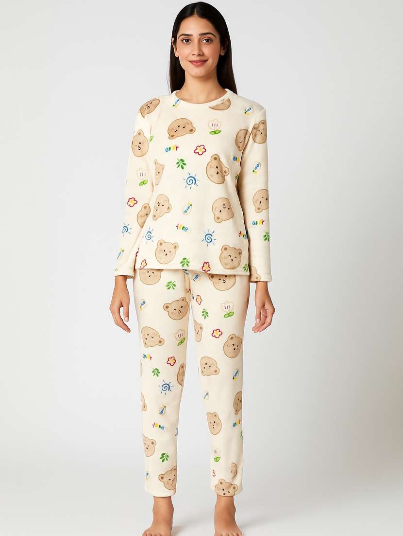 printed fleece round neck pyjama set beige - 22220078 -  Standard Image - 3