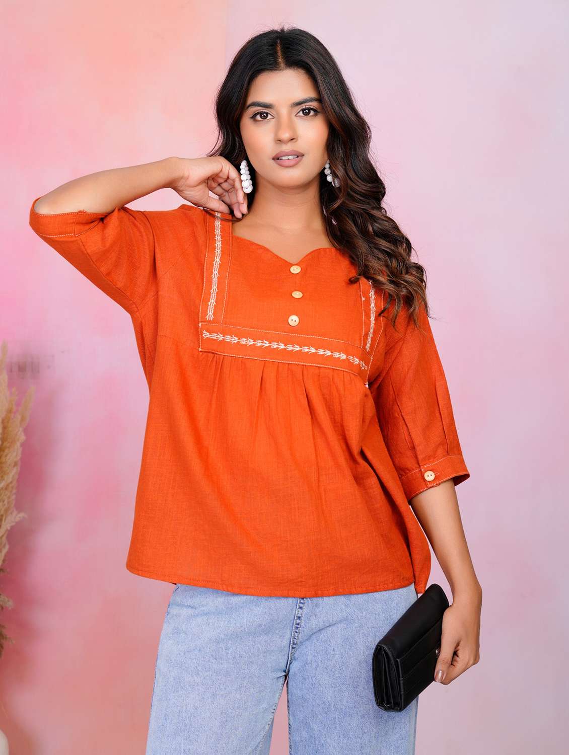 women solid three quarter sleeve a-line tunic - 22220082 -  Standard Image - 3