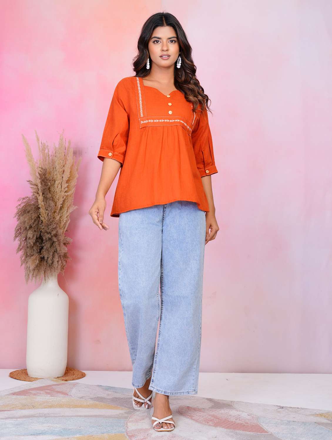 women solid three quarter sleeve a-line tunic - 22220082 -  Standard Image - 5