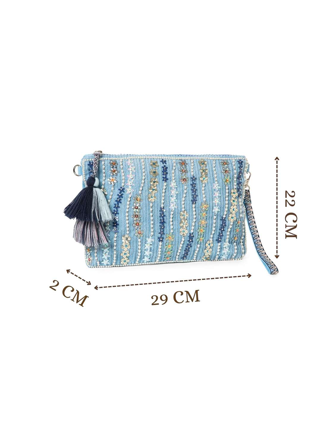 embroidered blue embellished clutch with tassels - 22220089 -  Standard Image - 3