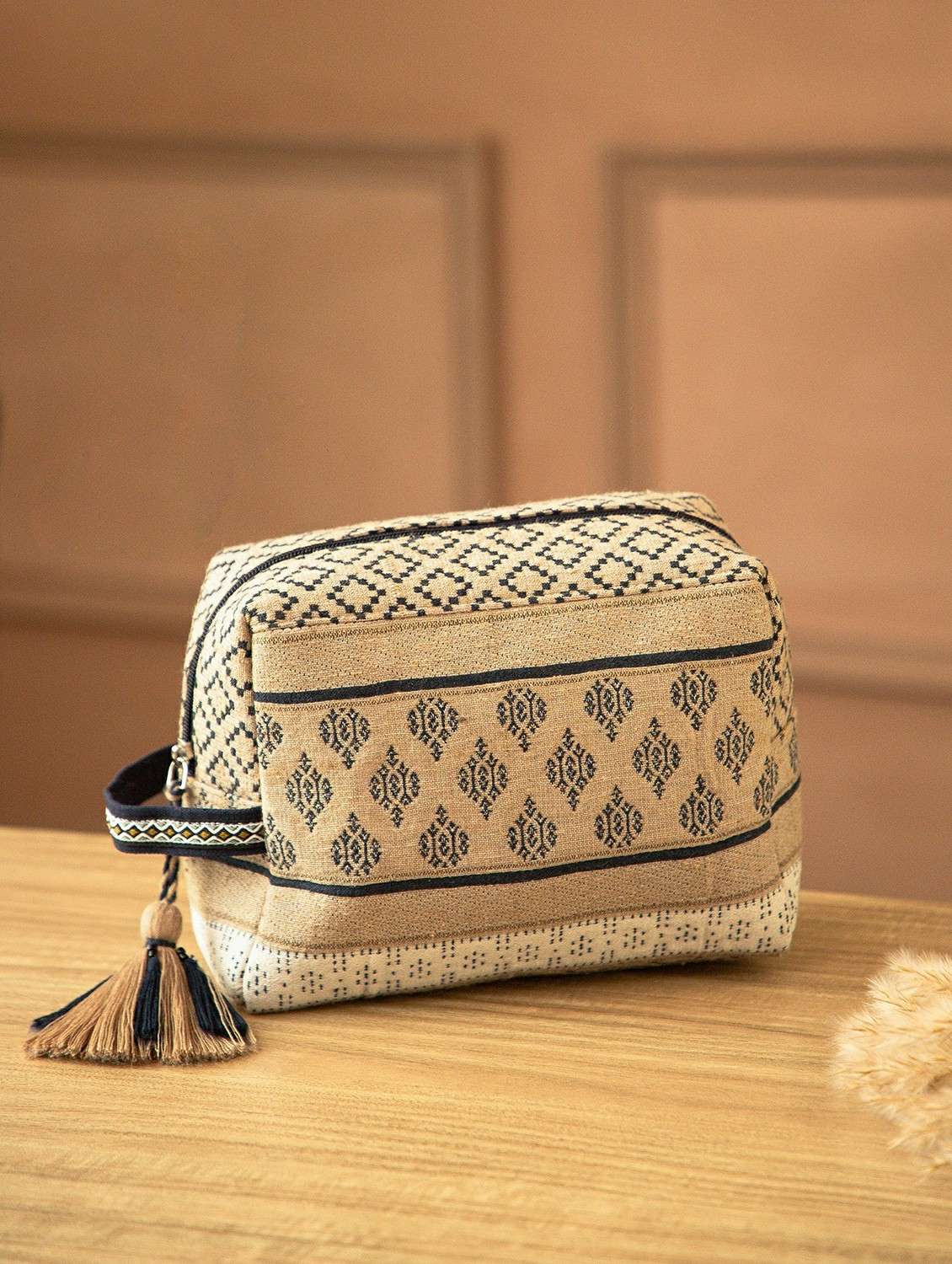 beige chevron cotton travel accessory bag