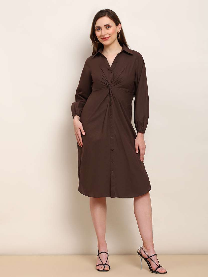 women solid collared puff sleeve shirt dress