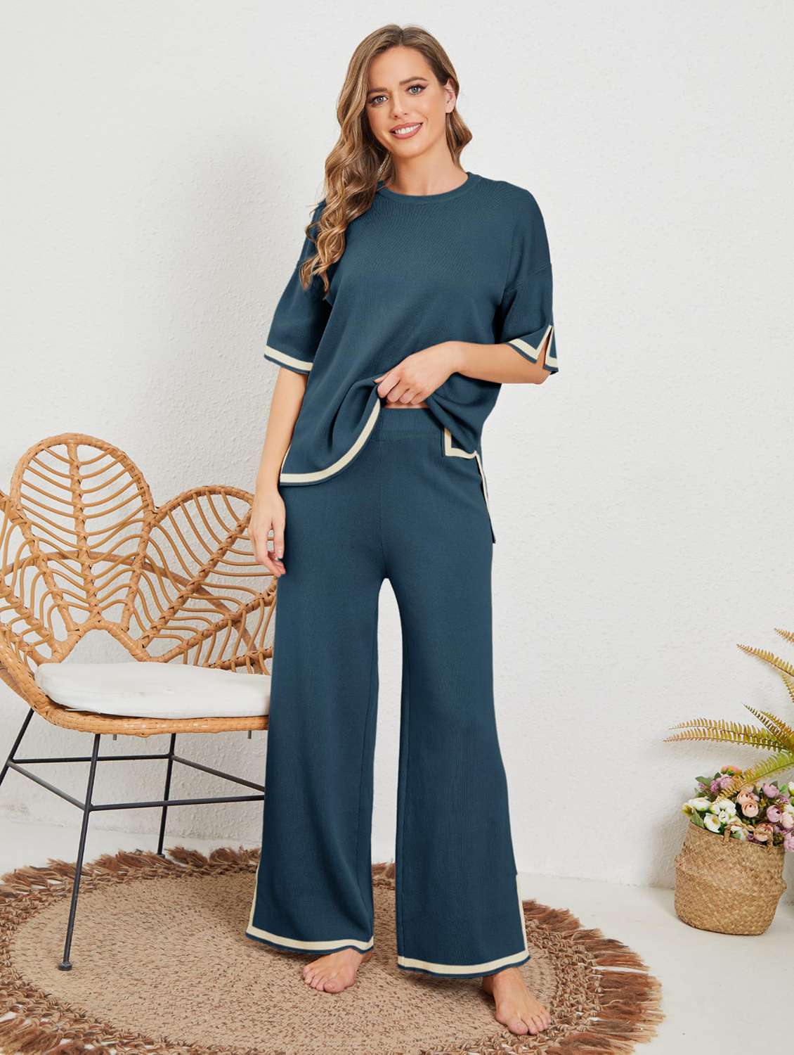 women solid top and trouser co-ord set - 22220113 -  Standard Image - 3