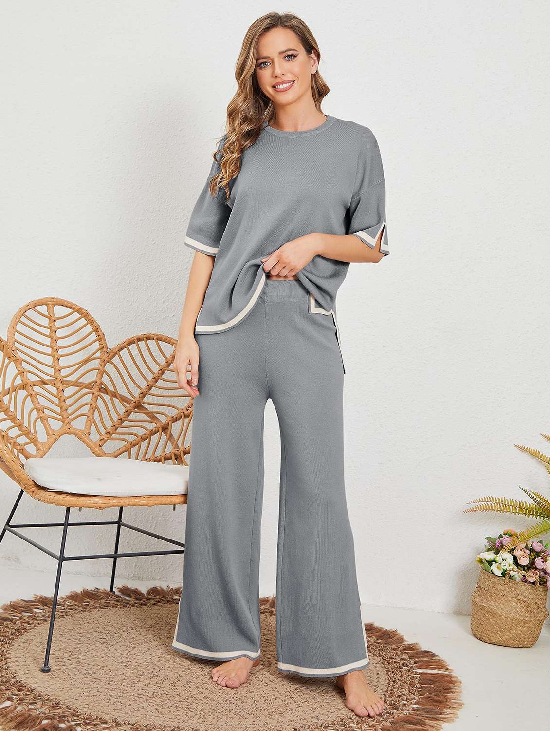 women solid top and trouser co-ord set - 22220116 -  Standard Image - 3