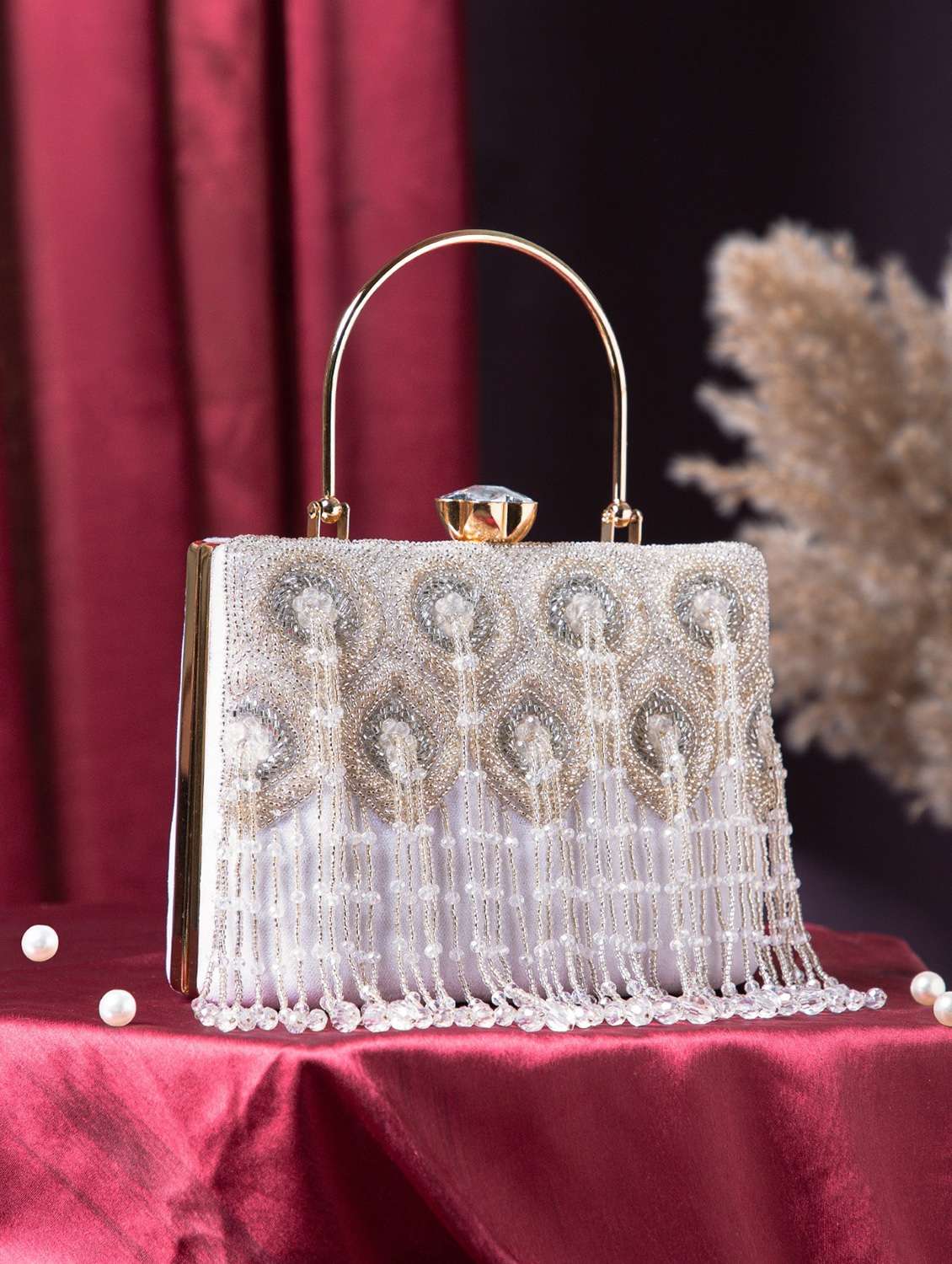white embellished velvet party box clutch - 22220128 -  Zoom Image - 0
