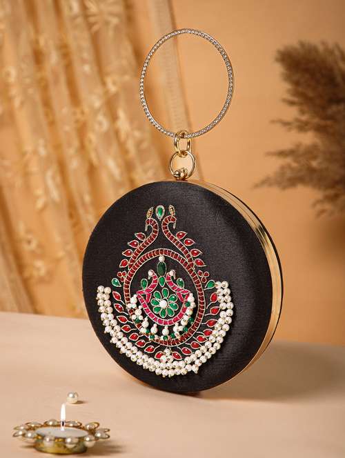 women embellished black faux silk party clutch - 22220133 -  Standard Image - 0