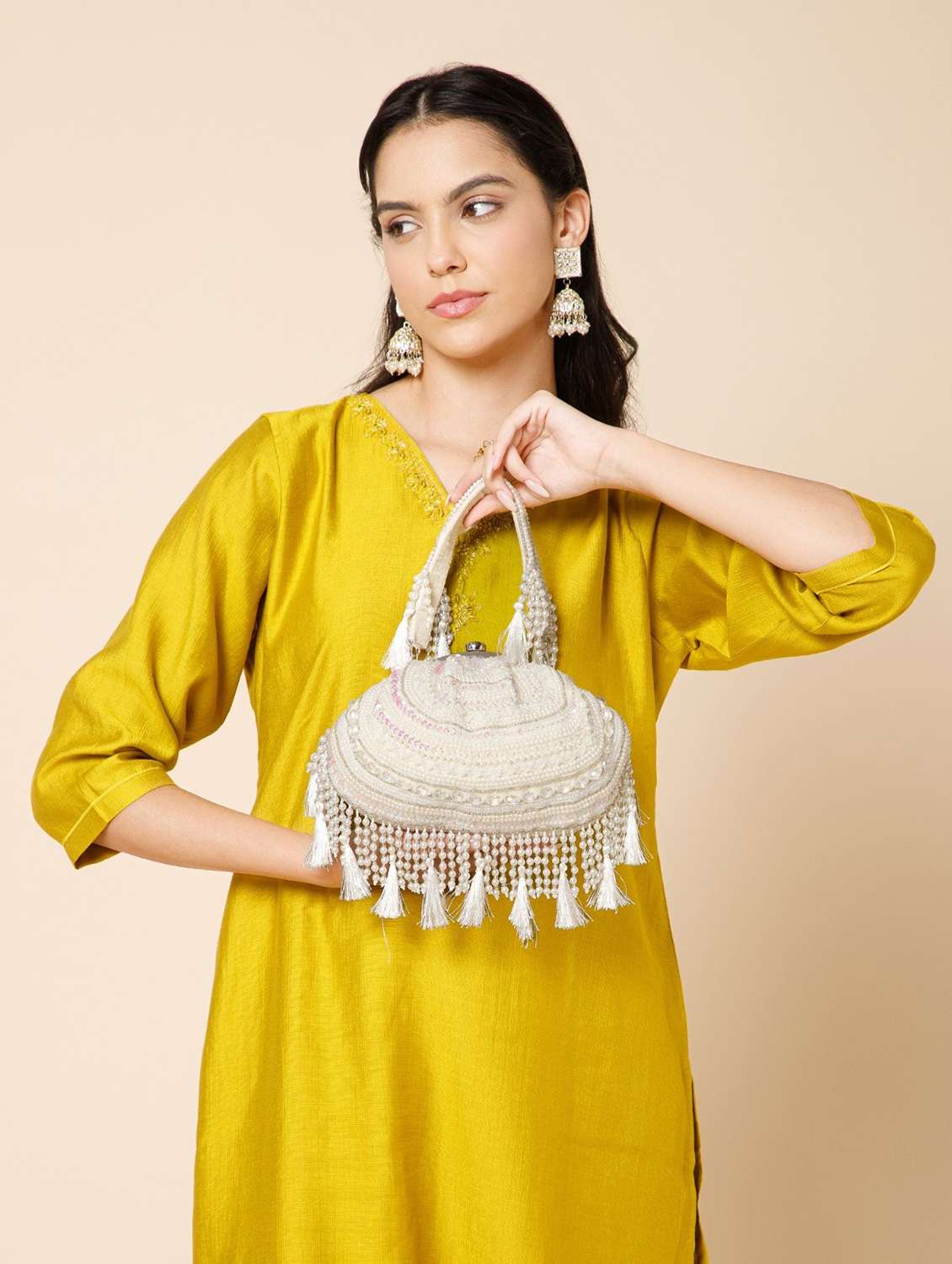 women embellished cream velvet clutch with tassels - 22220135 -  Standard Image - 5