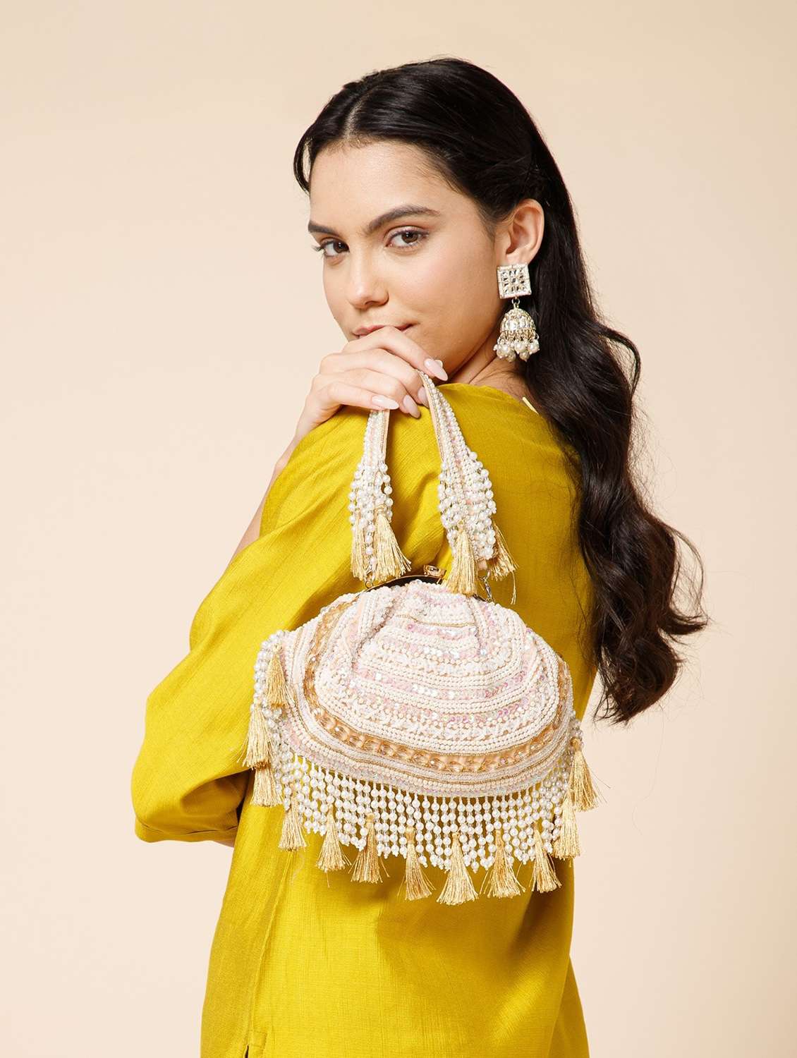 women gold embellished velvet party clutch with tassels - 22220136 -  Standard Image - 5