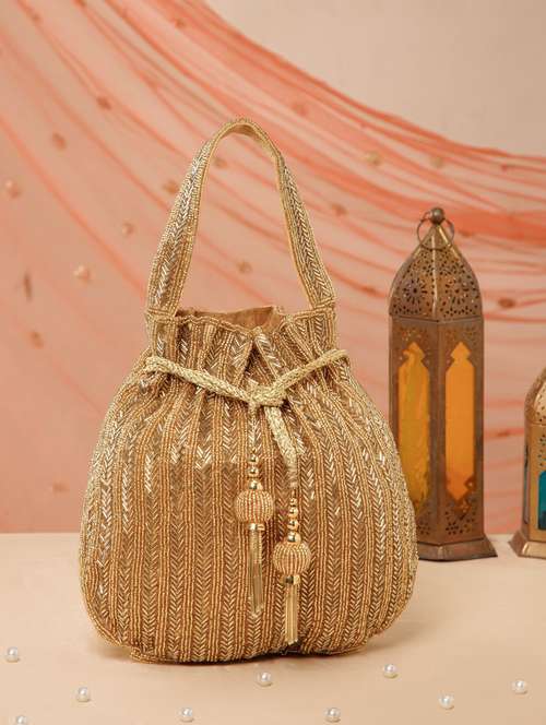 gold embroidery faux silk potli bag - 22220142 -  Standard Image - 0