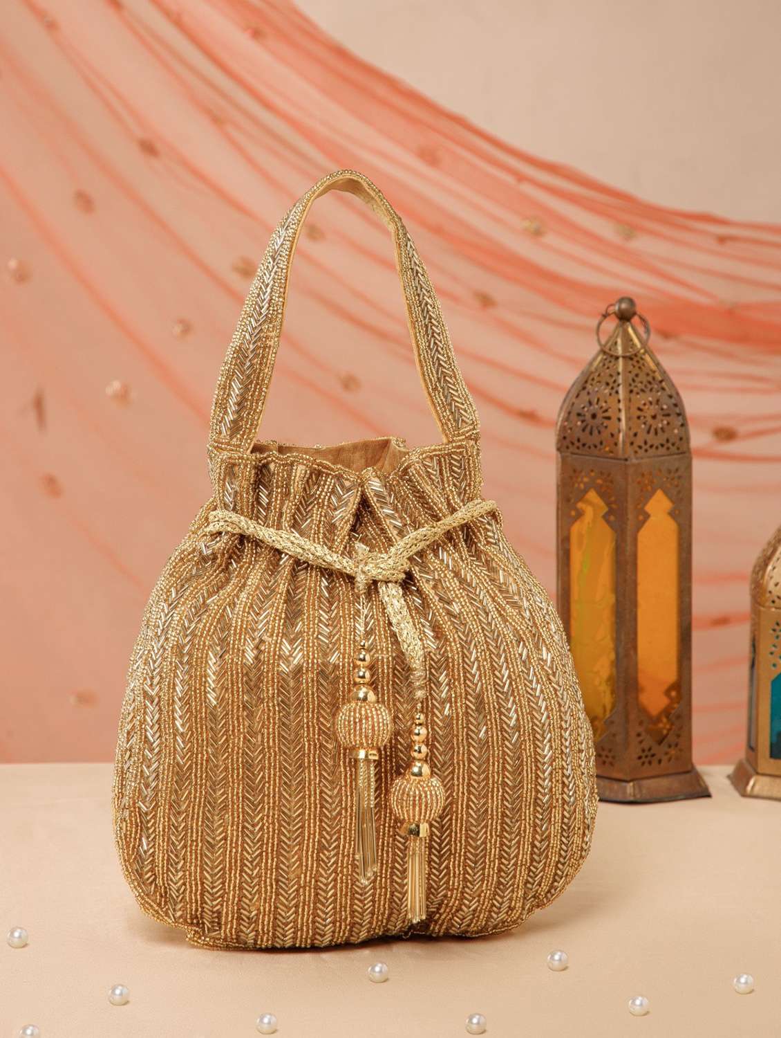 gold embroidery faux silk potli bag - 22220142 -  Zoom Image - 0