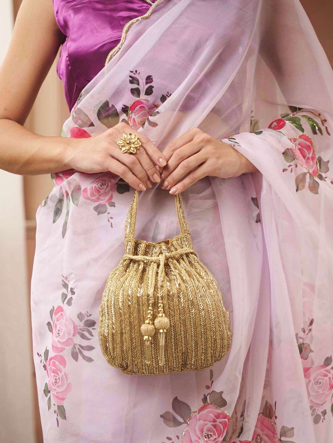 gold embroidery faux silk potli bag - 22220142 -  Standard Image - 5