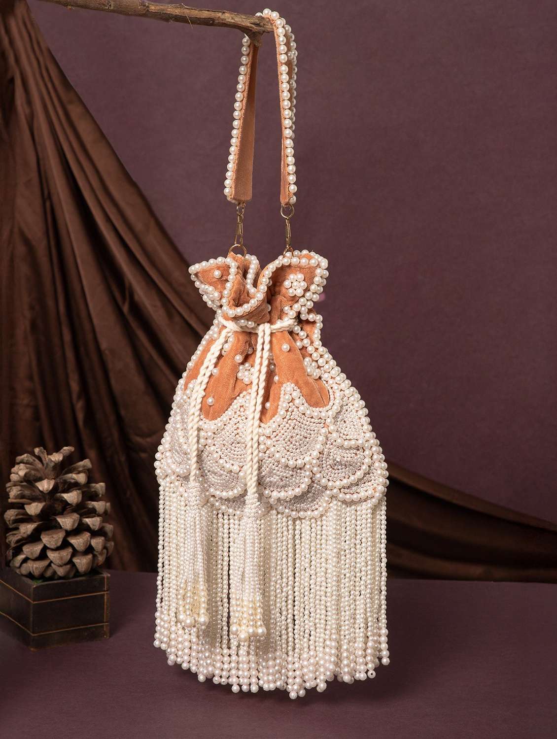 embroidered pearl velvet potli with tassels - 22220144 -  Zoom Image - 0