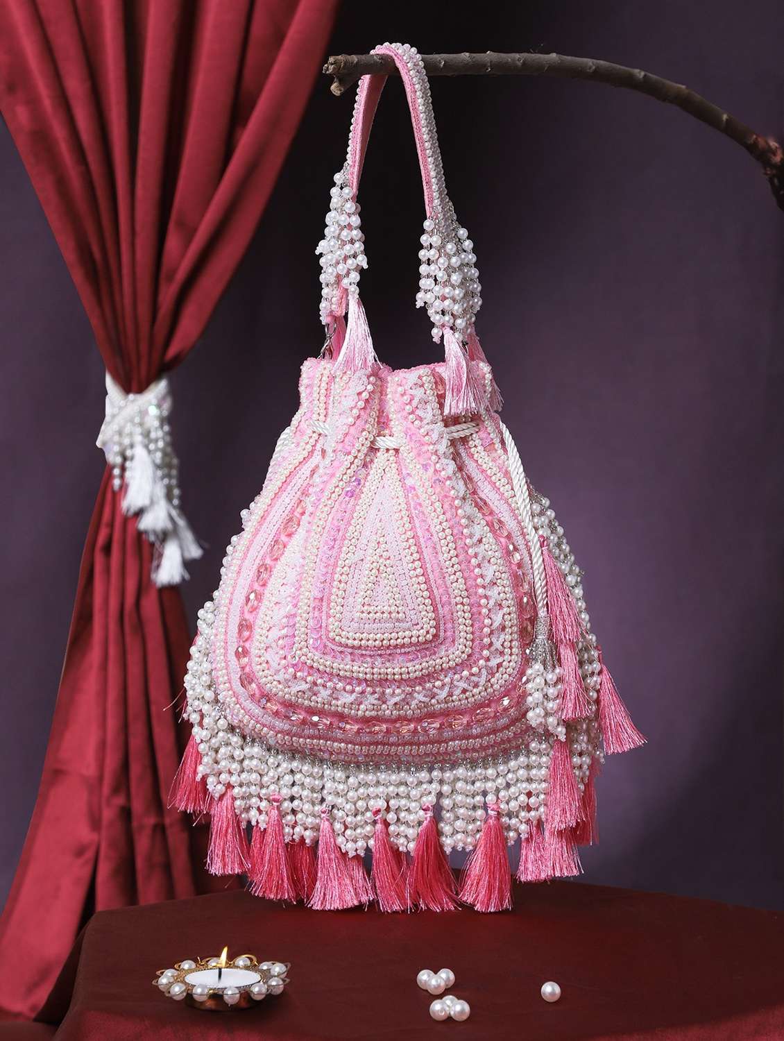 pink embellished velvet beaded potli bag