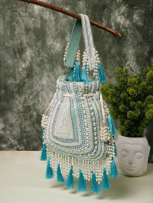 ethnic embroidered velvet potli with tassels  - 22220147 -  Standard Image - 0