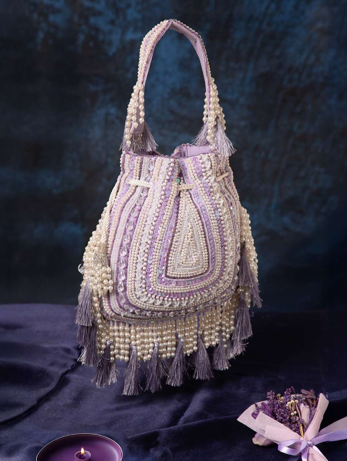 lavender velvet embroidered potli with tassels