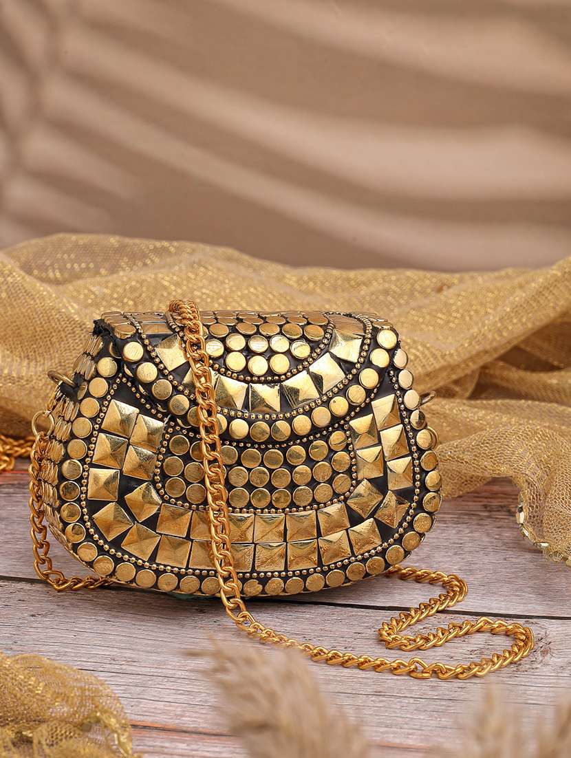 gold embellished metal box clutch