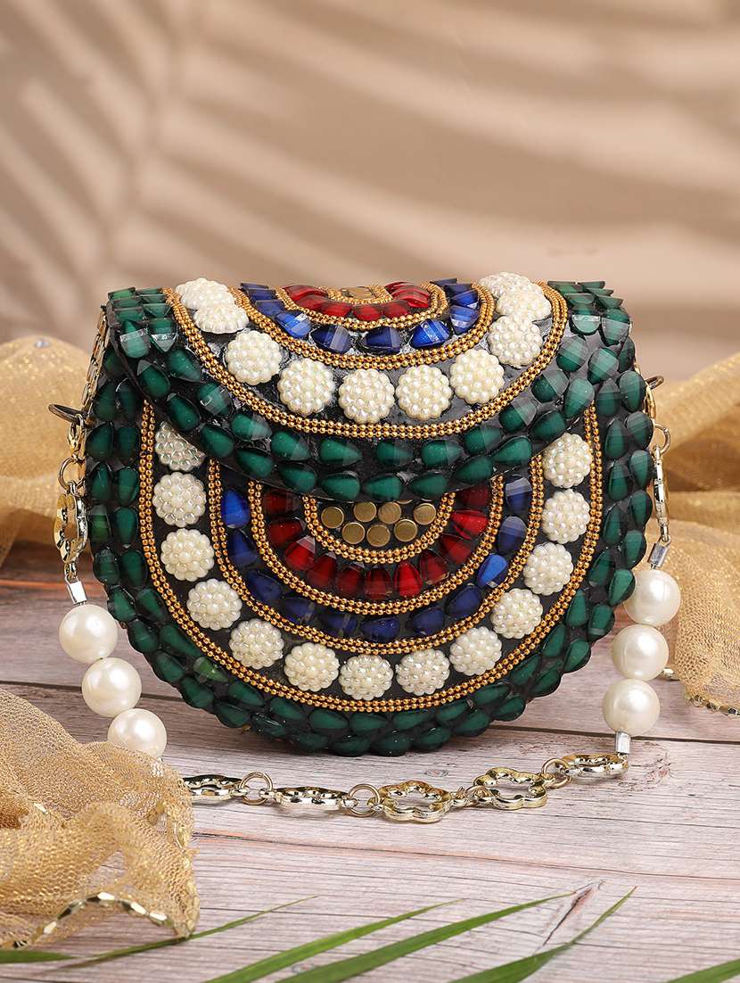 embellished green metal clutch