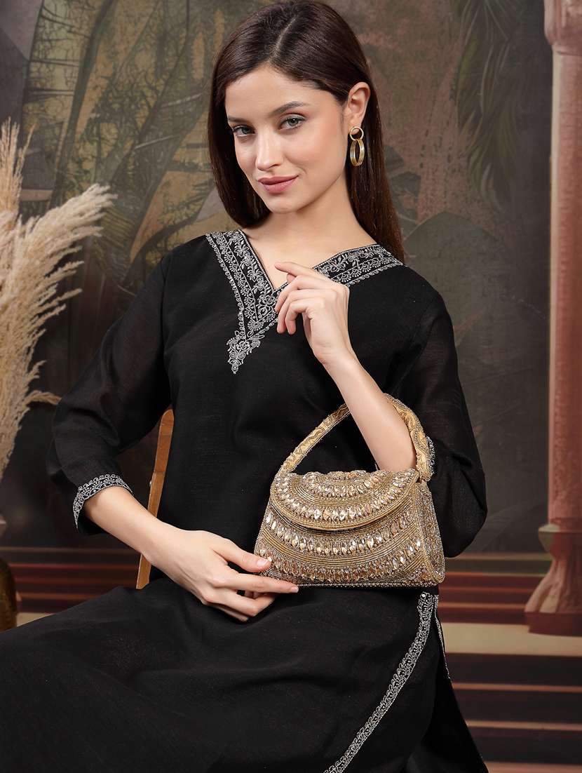 gold embellished party clutch with bead work - 22220158 -  Standard Image - 5