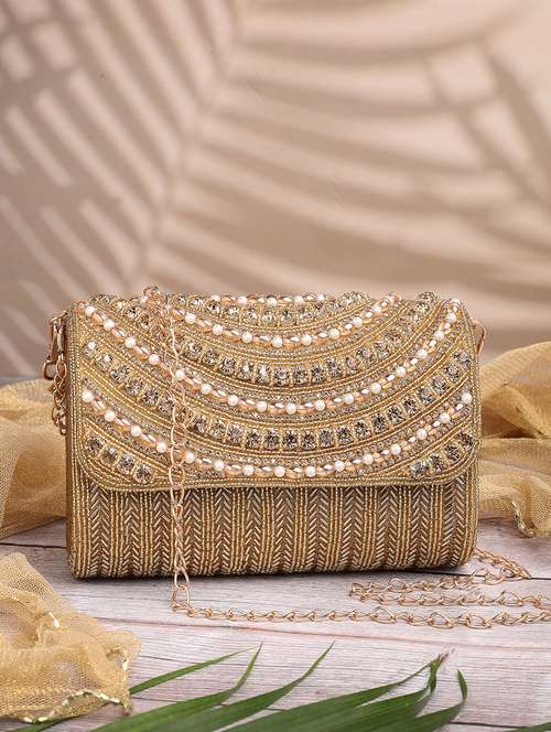 gold faux silk embroidered fold over clutch - 22220159 -  Standard Image - 0