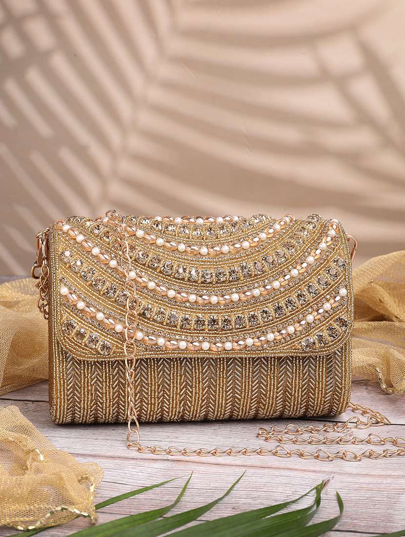 gold faux silk embroidered fold over clutch
