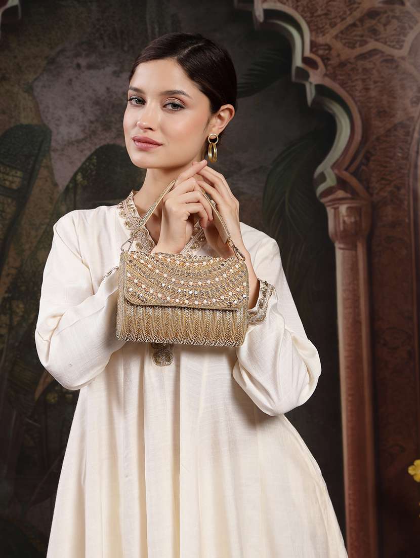 gold faux silk embroidered fold over clutch - 22220159 -  Standard Image - 5