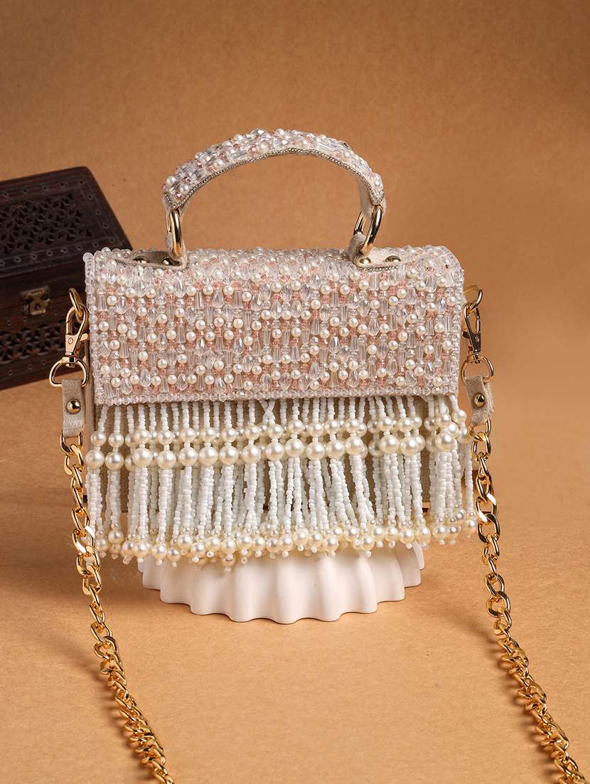 embroidered cream clutch with pearl work  - 22220160 -  Zoom Image - 0