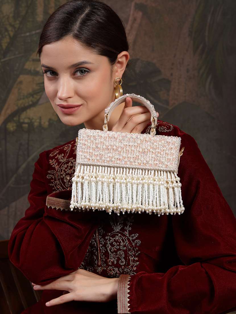 embroidered cream clutch with pearl work  - 22220160 -  Standard Image - 5