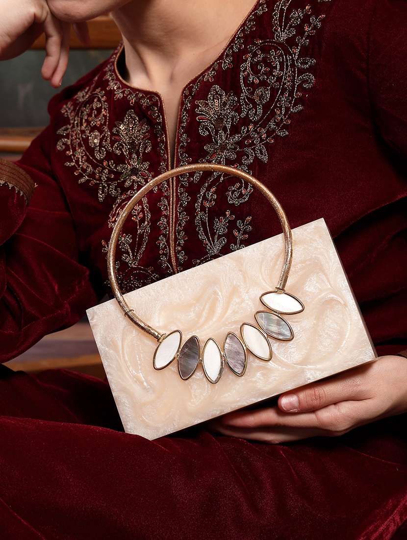 embellished cream box clutch with chain strap - 22220161 -  Standard Image - 5