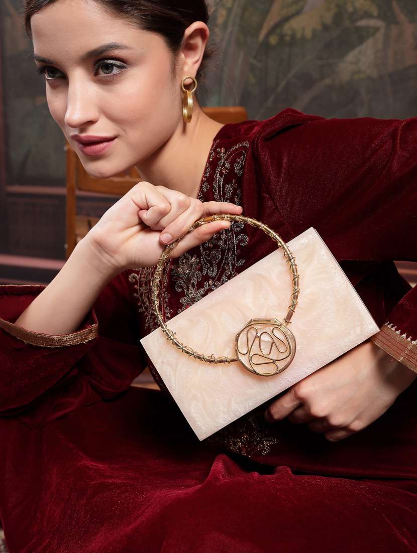 cream textured box clutch with detachable strap - 22220162 -  Standard Image - 5