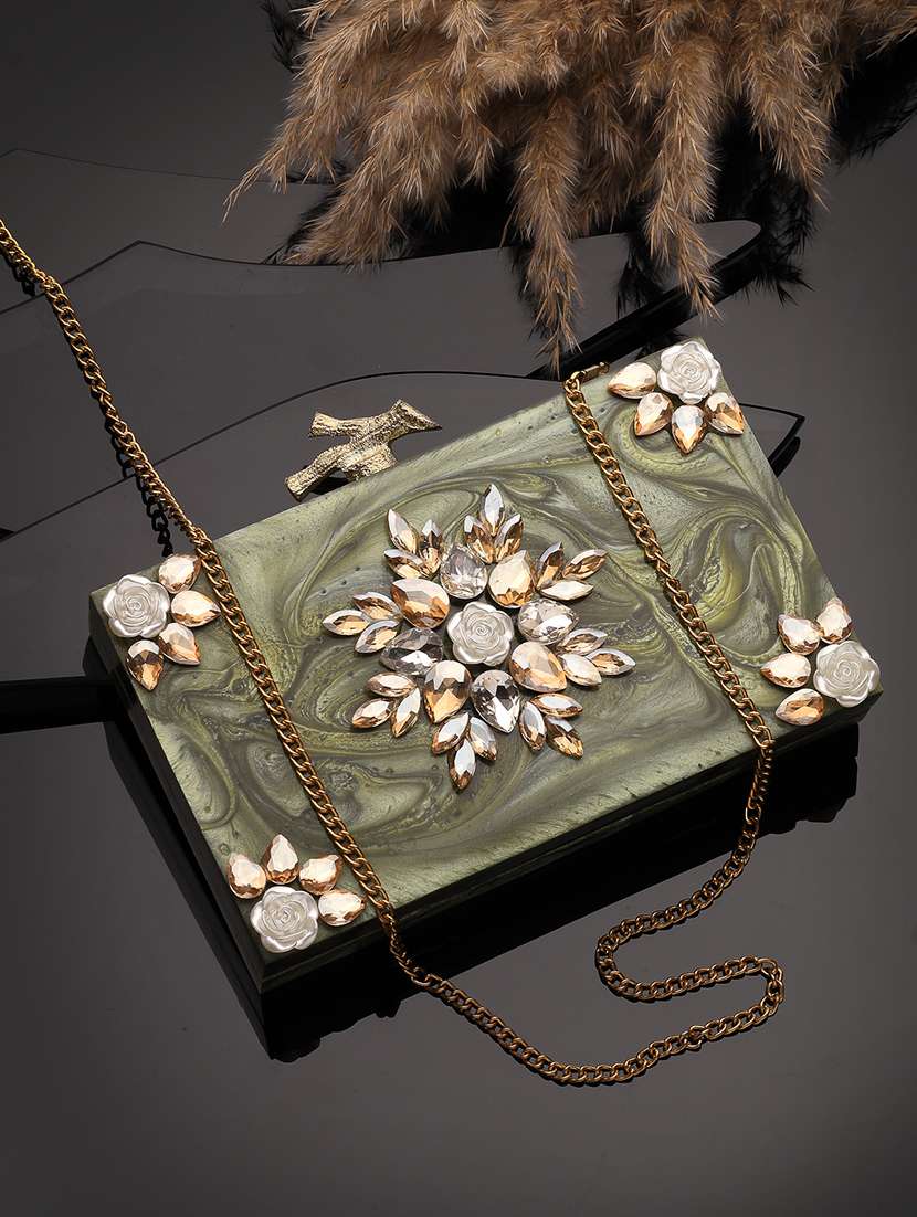  olive embellished party clutch with strap - 22220163 -  Zoom Image - 0